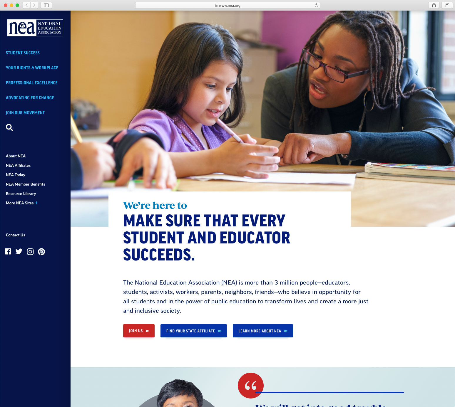 NEA's homepage after the redesign