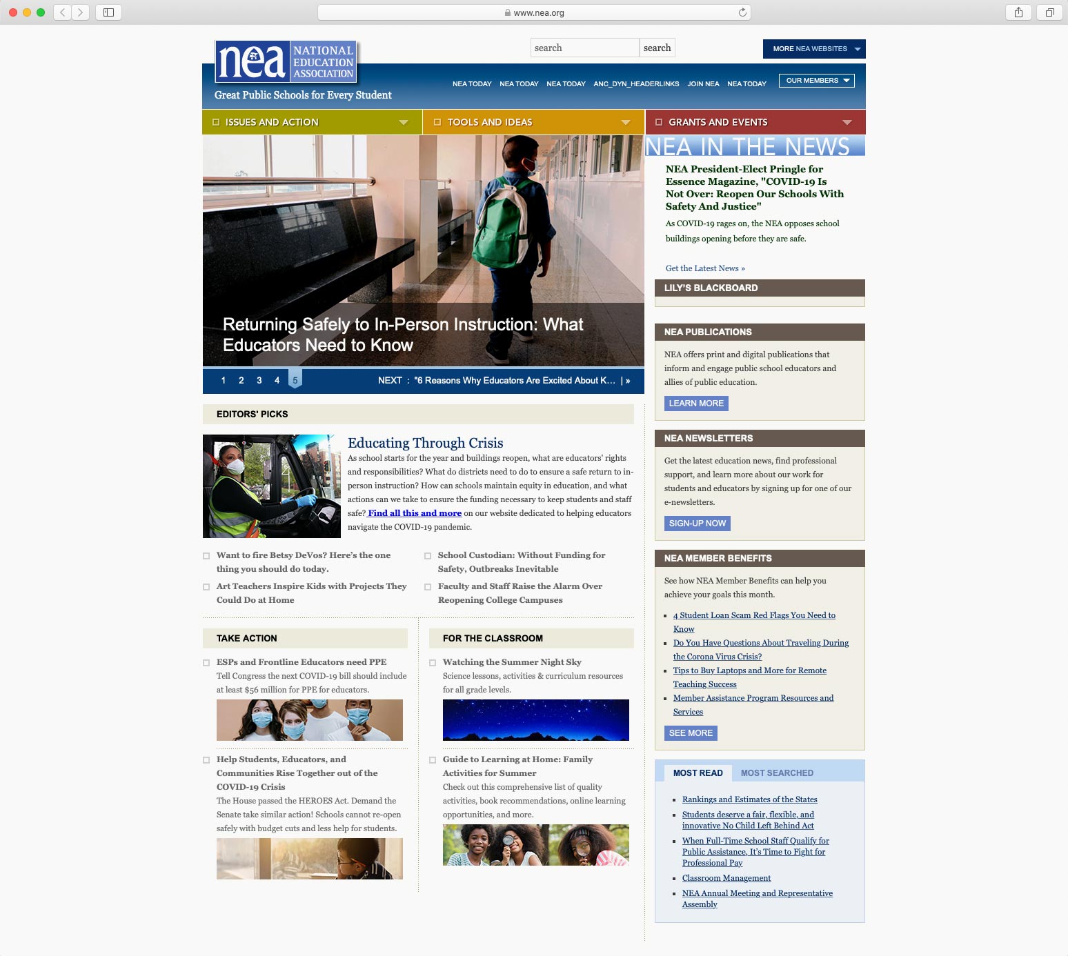 NEA's homepage before the redesign