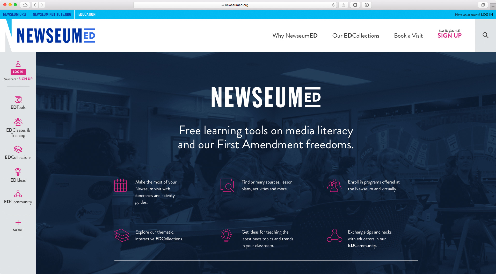 A screenshot of the NewseumEd home page after the redesign.